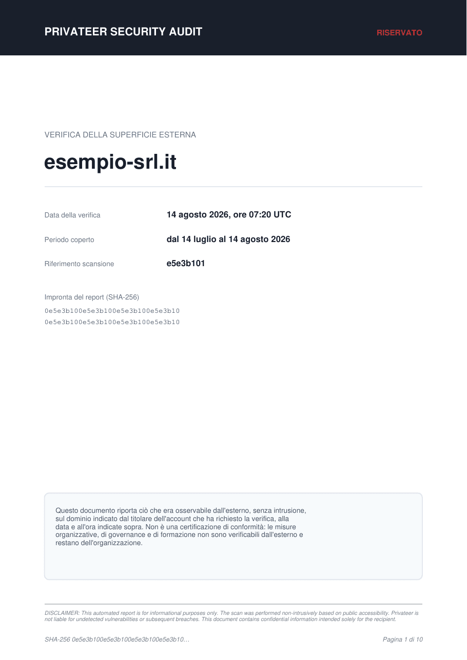 Copertina del report: dominio, data e ora della verifica, periodo coperto, riferimento della scansione e impronta SHA-256 del report.